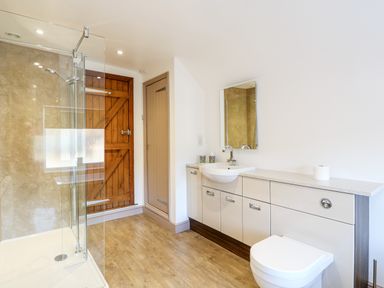 A bathroom with a shower enclosure a wooden door a sink with cabinetry a mirror and a toilet at 57 Southend Road Hunstanton
