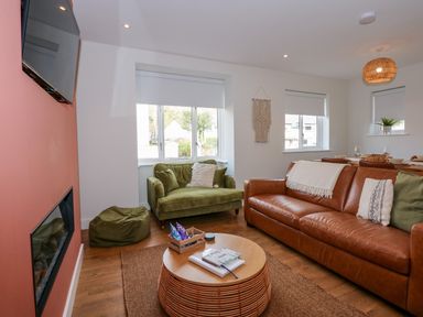 A living room with a brown leather sofa green armchair and beanbag near windows with white blinds and a mounted television at Aran in Beddgelert