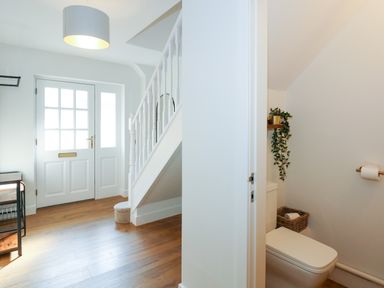 An entrance area with a white front door, a stairway, and a toilet room with a plant and toilet paper holder at Aran in Beddgelert
