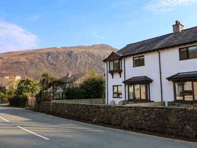 A white house with brown windows and stone wall next to a road with a mountain in the background at Aran in Beddgelert