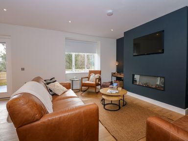 A living room with brown leather sofas a chair a nested coffee table a wall-mounted TV and a fireplace at Craig y Llan in Beddgelert