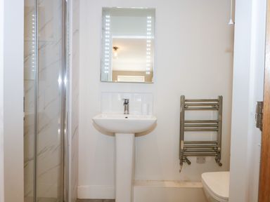 A bathroom with a pedestal sink mirror shower enclosure and heated towel rail at Craig y Llan in Beddgelert
