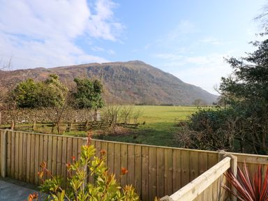 A wooden fence with plants in front of a grassy field and a mountain in the background at Craig y Llan in Beddgelert