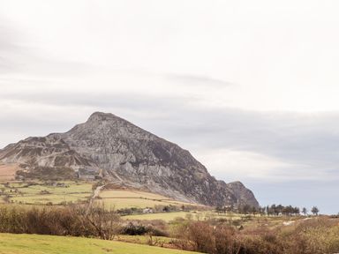 A mountain with fields and trees in the foreground at Cwm Ceiliog Annex in Llanaelhaearn near Trefor
