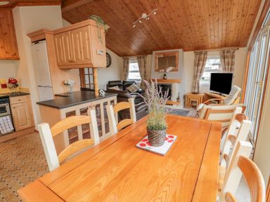 A dining table with potted plant and chairs in a room with kitchen cabinets living area and television at 4 The Oaks in Swarland