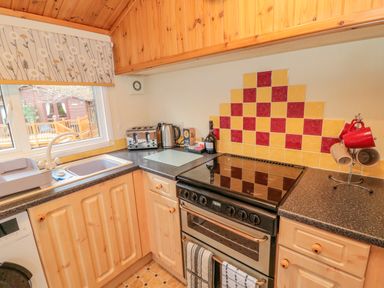 A kitchen with wooden cabinets a black stove a toaster kettle and mugs at 4 The Oaks Swarland