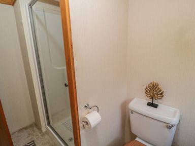 A bathroom with a shower enclosure a toilet with a wooden seat and a decorative item on top at 4 The Oaks in Swarland