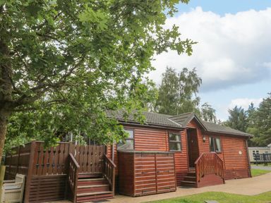 An exterior view of a wooden cabin with steps leading to two entrances and a tree in the foreground at 4 The Oaks in Swarland