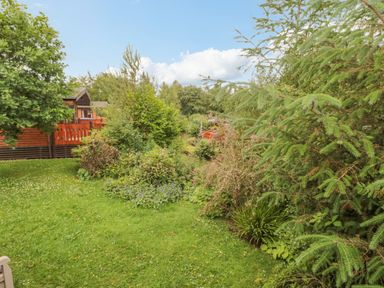 A garden with grass bushes trees and a wooden house with a deck at 4 The Oaks in Swarland