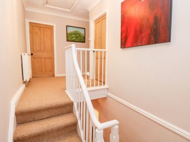 A carpeted staircase with white railing and two wooden doors on the landing with paintings on the walls at Ty Cwtch in Tenby