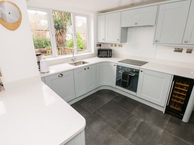 A kitchen with light blue cabinets a built-in oven a microwave and a wine cooler at Ty Cwtch in Tenby