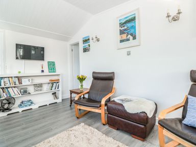 A sitting area with two armchairs a footstool bookshelf with books and a television on the wall at Wagtails in Norton near Dartmouth