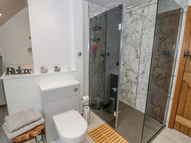 A bathroom with a toilet, glass shower enclosure, wooden door, and towels at The Stables in Belbroughton