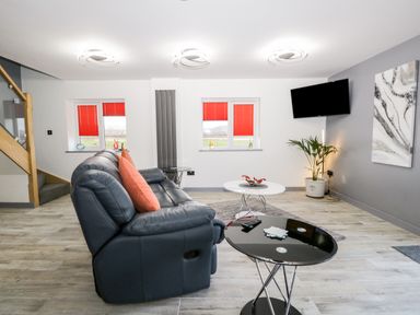A living room with a dark leather sofa and orange cushions two round tables a wall mounted TV windows with red blinds and a potted plant at The Annex in Ulverston
