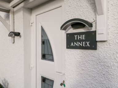 A white door with decorative glass panels and a sign reading THE ANNEX on a textured wall