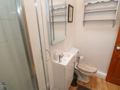 A bathroom with a shower, small sink, toilet, wall shelf, and framed picture at Trevedran Cottage St Buryan