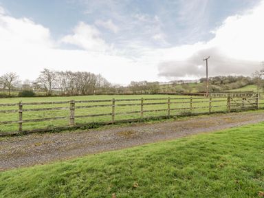 A rural landscape with a gravel driveway and a wooden fence enclosing grassy fields at Orchard Lodge in Hockworthy near Sampford Peverell Devon