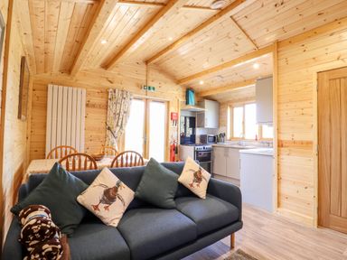 A kitchen and dining area with wooden walls and ceiling a blue sofa and dining table with chairs at Clover Lodge Theberton near Leiston
