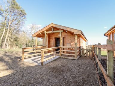 A small wooden lodge with ramp access and a fenced gravel area surrounded by trees at Clover Lodge in Theberton near Leiston