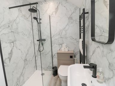 A bathroom with a shower area with glass divider a toilet a sink with a faucet a towel warmer and a mirror at Castle Keep in Norham