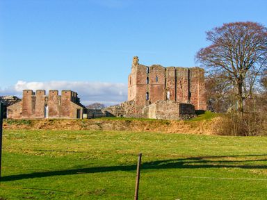 Ruins of a stone castle keep on a grassy hill with a large tree nearby at Castle Keep in Norham