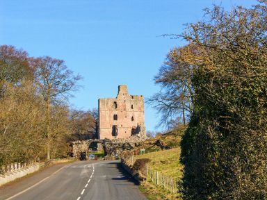 A road leading to a historic castle keep surrounded by trees and grass at Castle Keep in Norham