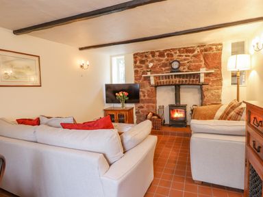 A living room with two sofas a wood burning stove and a television at Rose Cottage in Holcombe in Teignmouth