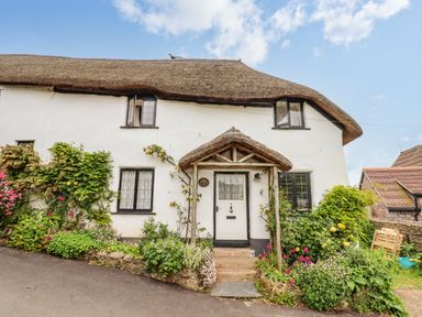 A white cottage with a thatched roof and flowers in the front garden at Rose Cottage in Holcombe in Teignmouth