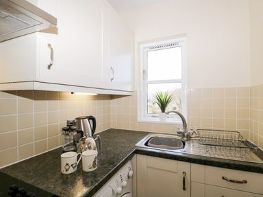 A kitchen corner with a sink a drying rack two mugs a kettle and a small plant on a windowsill at Claife Heights in Windermere