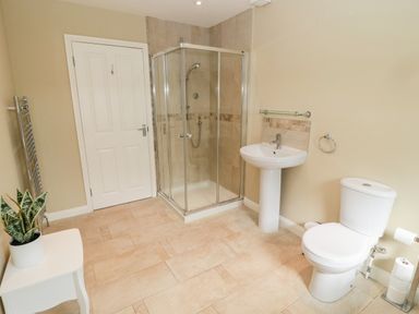 A bathroom with a shower enclosure sink toilet and a plant on a small table at Calm Skies in Scremerston near Berwick-Upon-Tweed