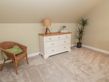 A room with a wicker chair with green cushions a white dresser with a lamp and books and a potted plant on beige carpet at Calm Skies in Scremerston near Berwick-Upon-Tweed