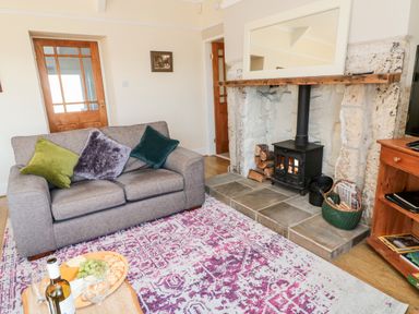 A living room with a grey sofa and cushions a fireplace with a stove and a wooden mantle a rug on the floor and a wooden table with wine and snacks at Healey Farm Cottage in Rothbury