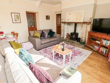 A living room with sofas and cushions a coffee table with wine glasses a fireplace and a television at Healey Farm Cottage in Rothbury