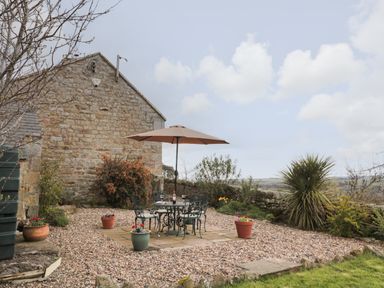 An outdoor patio area with stone wall and metal table with umbrella and chairs surrounded by potted plants at Healey Farm Cottage in Rothbury