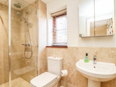 A bathroom with a shower area a toilet a sink a mirror cabinet and a window with blinds at Polurrian House in Cury near Mullion