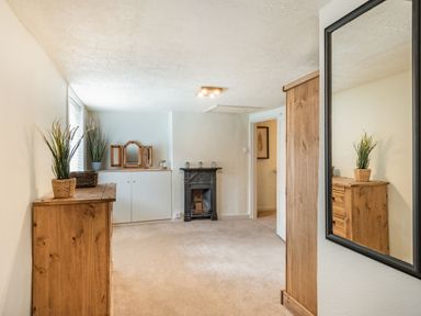 A room with wooden furniture plants a black fireplace and a mirror at Smugglers Cottage Christchurch