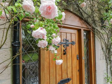 A wooden door with decorative black hardware surrounded by climbing pink roses and stone walls at The Lodge in Greystoke