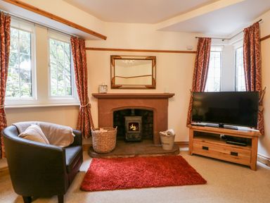 A living room with a fireplace a television on a wooden stand and a leather armchair at The Lodge in Greystoke