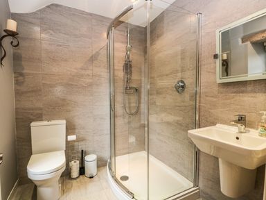 A bathroom with a toilet shower cubicle sink and mirror at The Lodge in Greystoke
