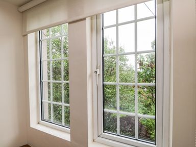 Two windows with white frames and grids overlooking green trees at The Lodge in Greystoke