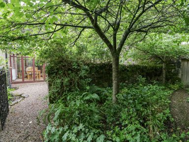 A garden area with trees plants a stone wall gravel paths and a conservatory in the background at The Lodge in Greystoke