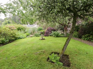 A garden with grass a tree a stone birdbath and various plants at The Lodge in Greystoke
