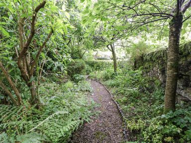 A gravel path winding through a garden bordered by trees bushes and a stone wall at The Lodge in Greystoke