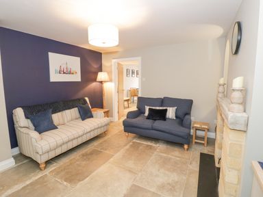 A living room with two sofas a floor lamp a fireplace and a wall clock at Dazie Cottage in Broadway