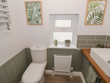 A bathroom with a toilet a window with two decorative items a radiator a wooden counter with a sink and two framed botanical prints on the walls at Dazie Cottage in Broadway