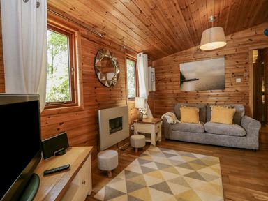 A living room with a grey sofa with yellow pillows a geometric patterned rug a wall-mounted mirror and windows at Scafell Lodge in Skiptory Howe 7 White Cross Bay Holiday Park near Windermere