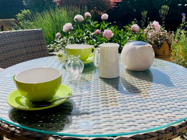 A garden table with tea cups, a small pitcher, a teapot, a spoon, and a small vase with a flower surrounded by plants and flowers at The Beach House in West Bay