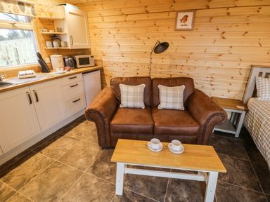 A small living space with a brown leather sofa with two plaid cushions a wooden coffee table with two cups a kitchenette with white cabinets and a window at Robins Nest in Napton-On-The-Hill