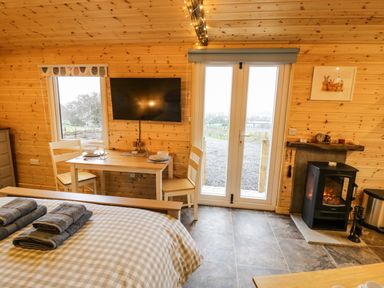 A bedroom with a table and chairs a wall mounted television and a fireplace at Robins Nest in Napton-On-The-Hill