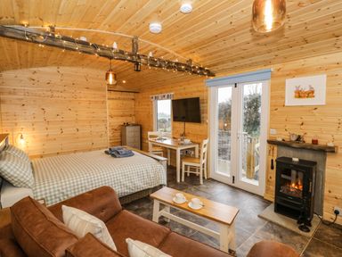 A wooden cabin interior with a bed dining table sofa fireplace and glass doors at Robins Nest in Napton-On-The-Hill